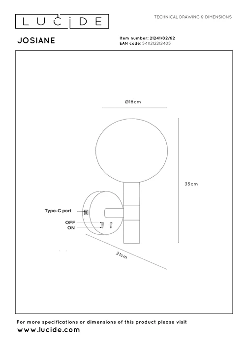 Lucide JOSIANE - Lámpara de pared - Ø 18 cm - 1xG9 - Con punto de carga USB - Negro - Vibes - técnico